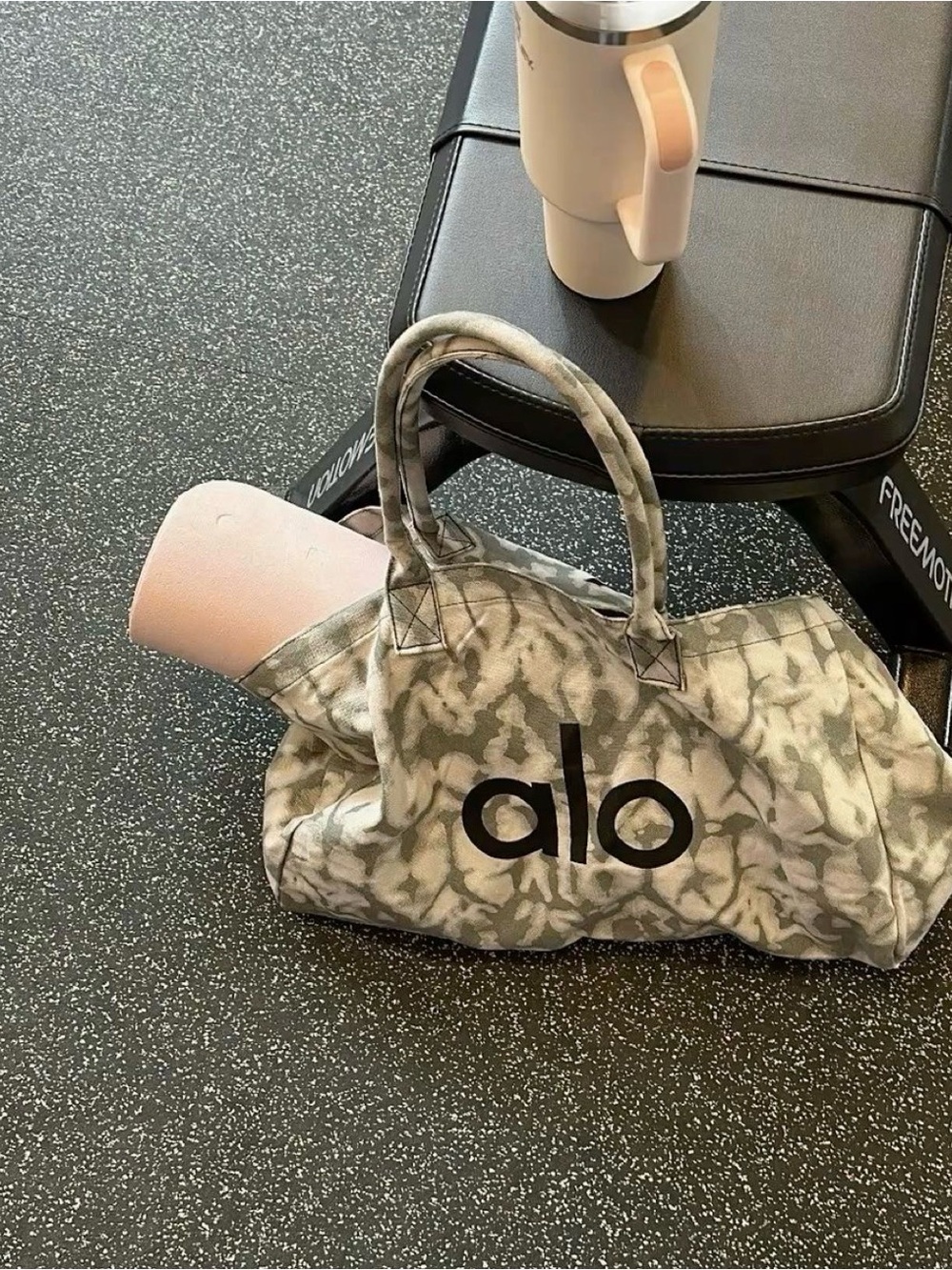 ALO Yoga Gray Marbled Canvas Tote with Black Logo